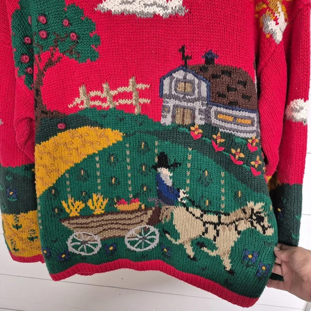 Vintage 1990s Hand Knitted Farm Theme Signature By Northern Isles Button Up 3D C - Picture 6 of 7